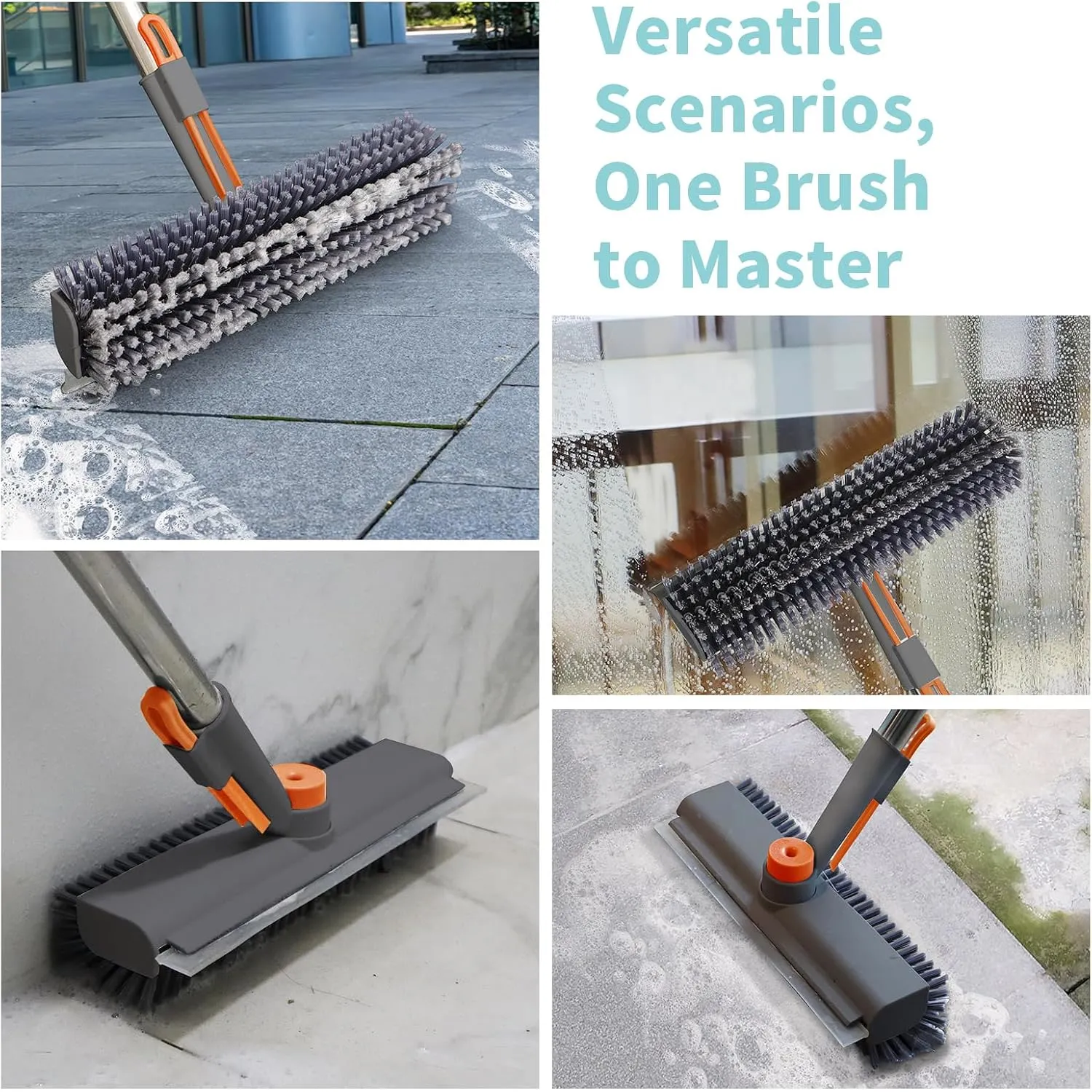 Floor brush cleaning tile, glass, and bathroom surfaces