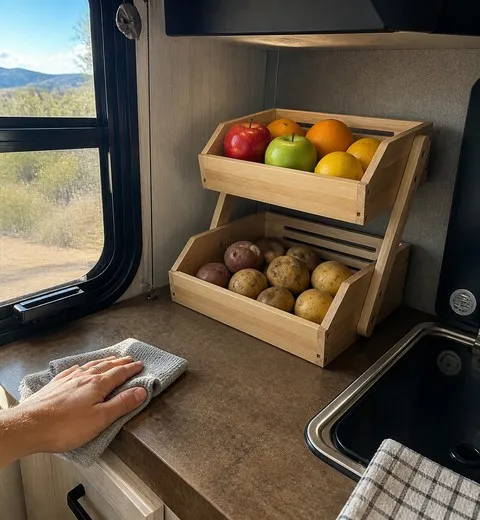Customer-style RV kitchen photo of the two-tier organizer