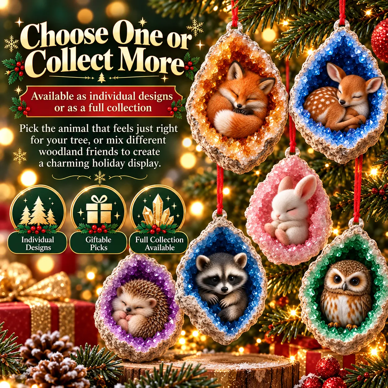 Complete collection of ten natural crystal woodland animal ornaments