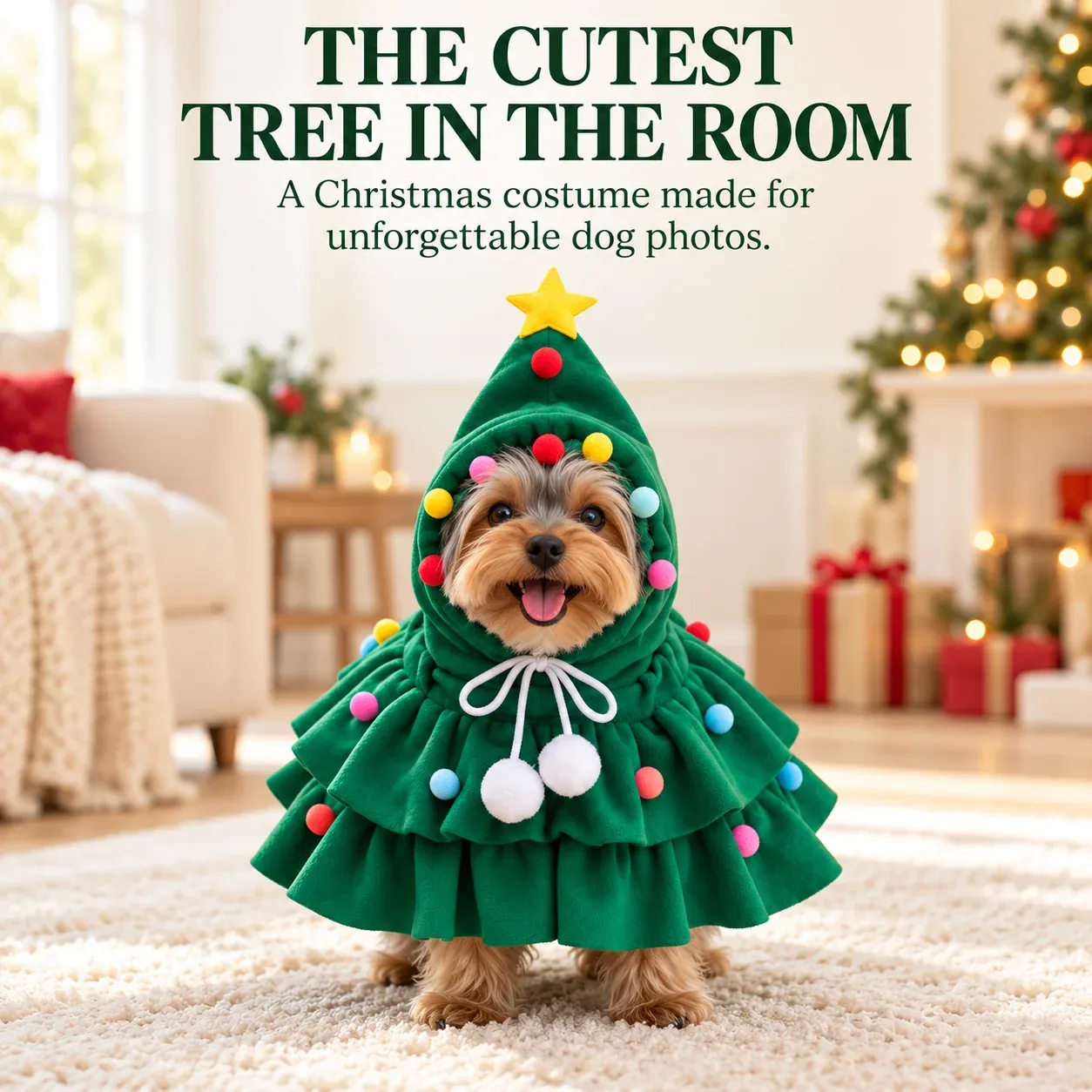 Dog wearing a festive Christmas tree costume