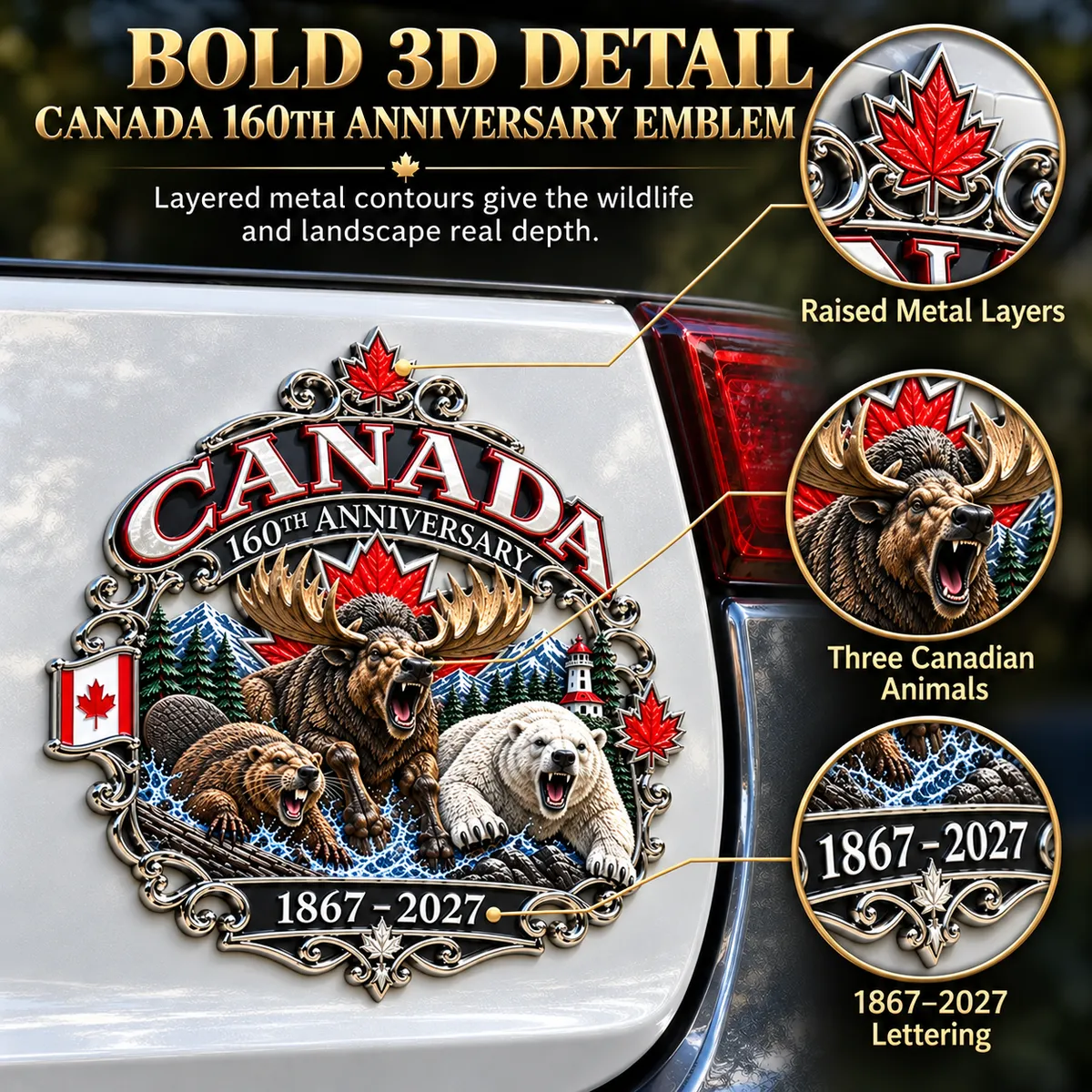 Raised metal layers, Canadian wildlife and 1867–2027 lettering shown in close-up