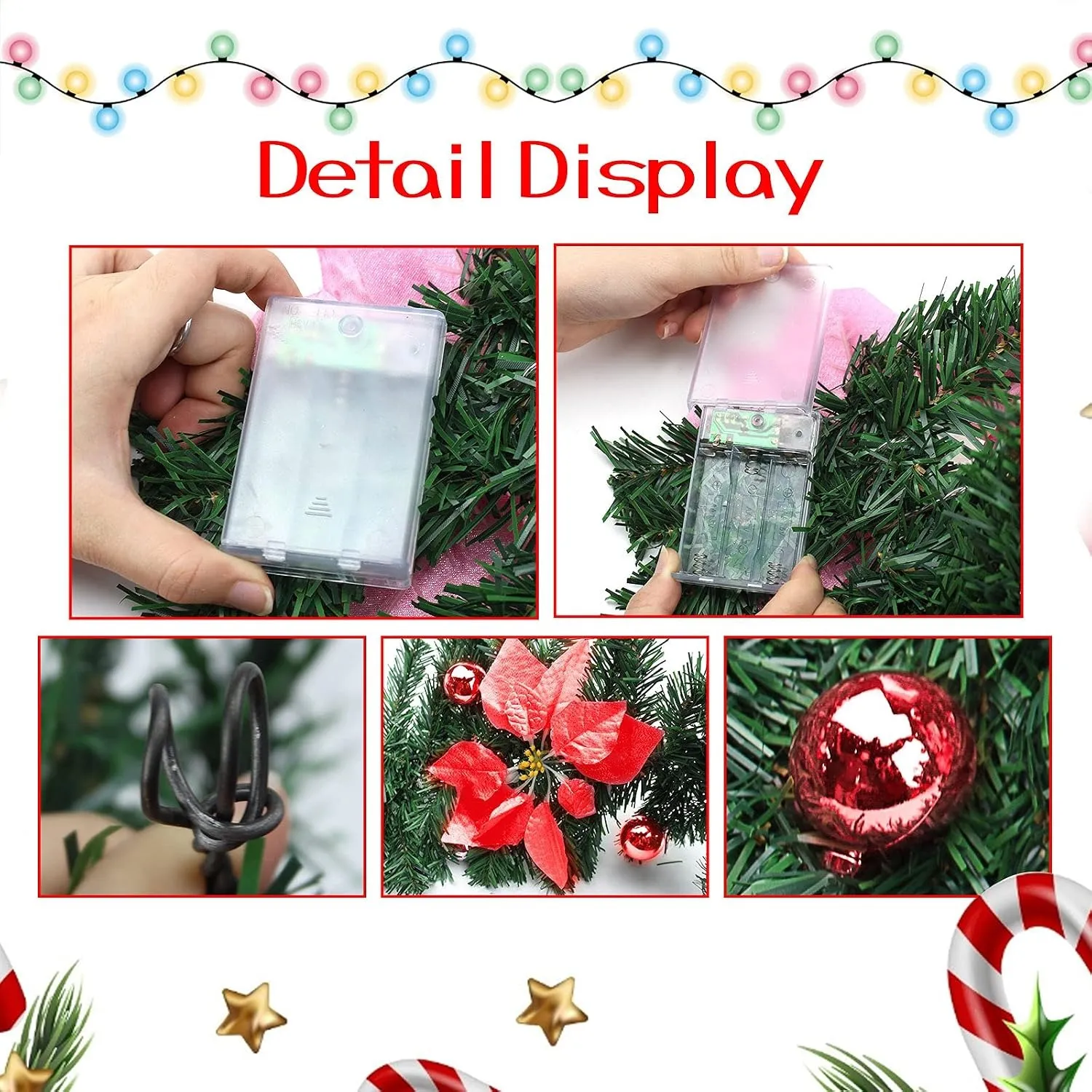 Garland detail view showing battery box hanging hook flower and ornament construction