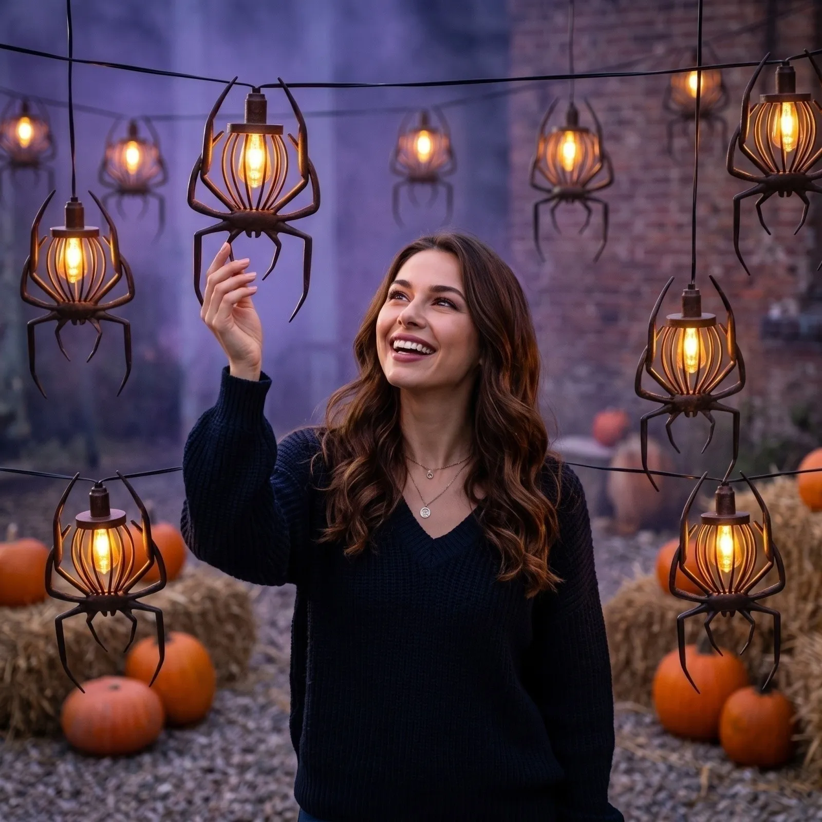 Spider Halloween flame string lights displayed in a decorated yard