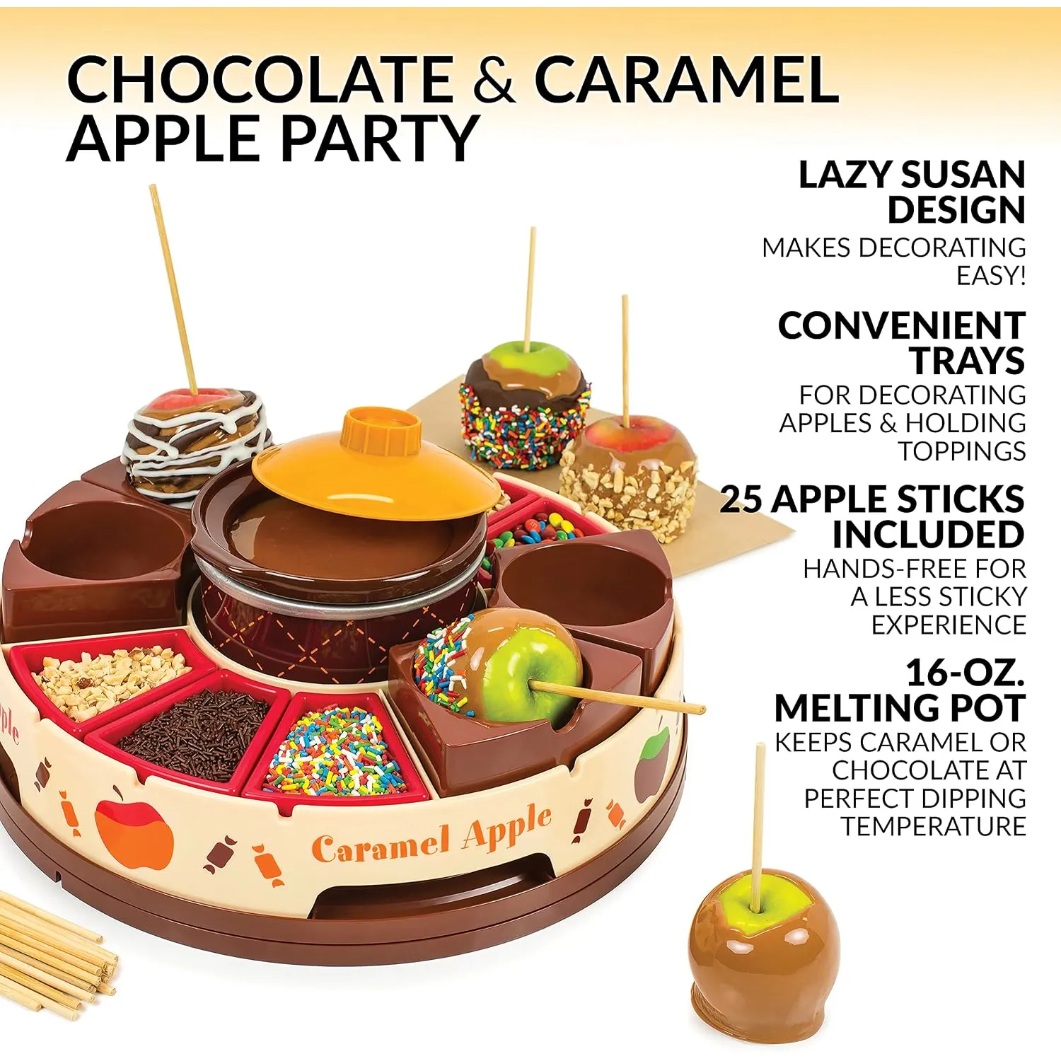 Chocolate and caramel apple party maker with feature highlights