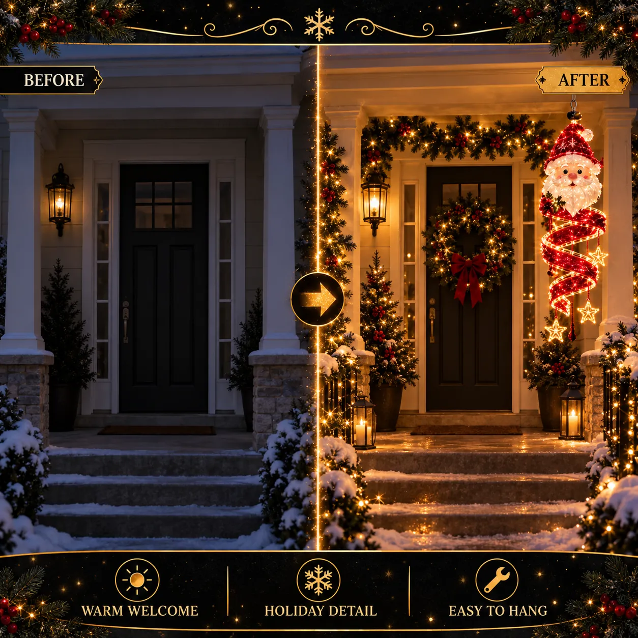 Before and after front doorway transformation with a glowing Santa Spiral light