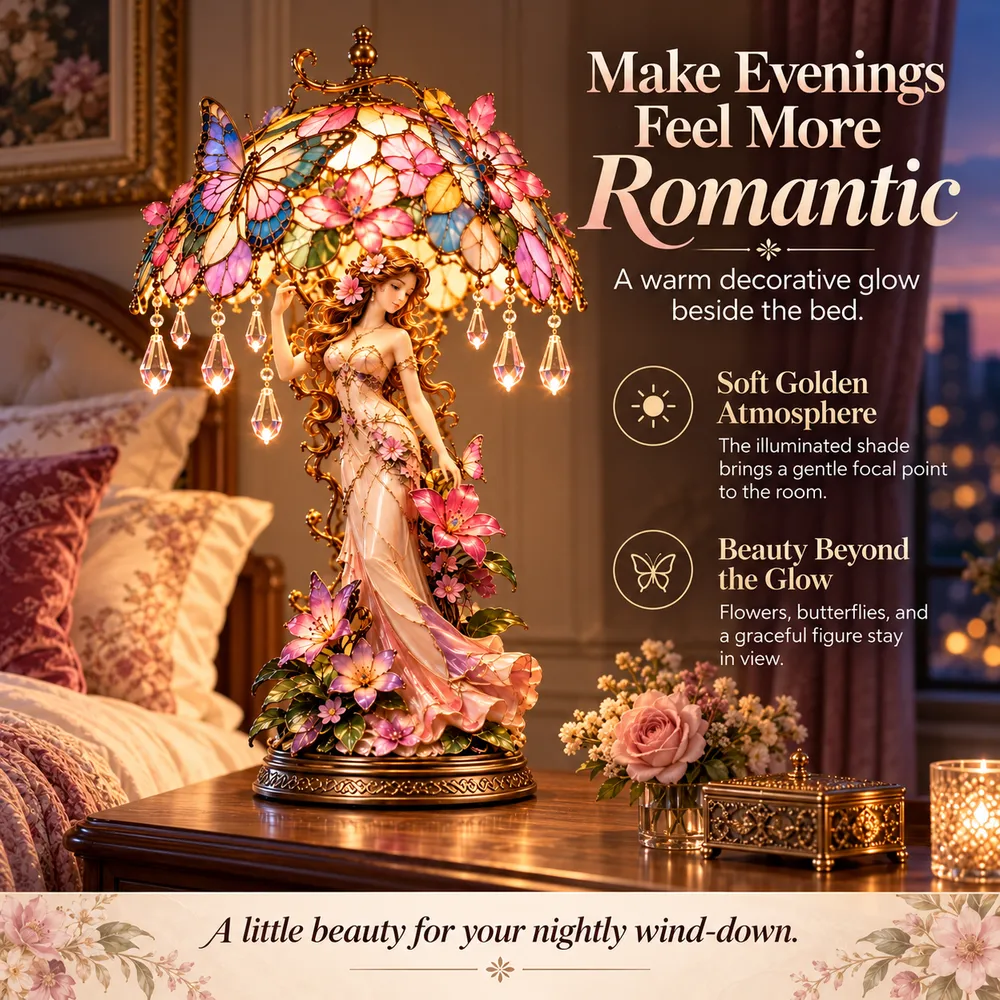 Bedroom marketing graphic showing the lamp