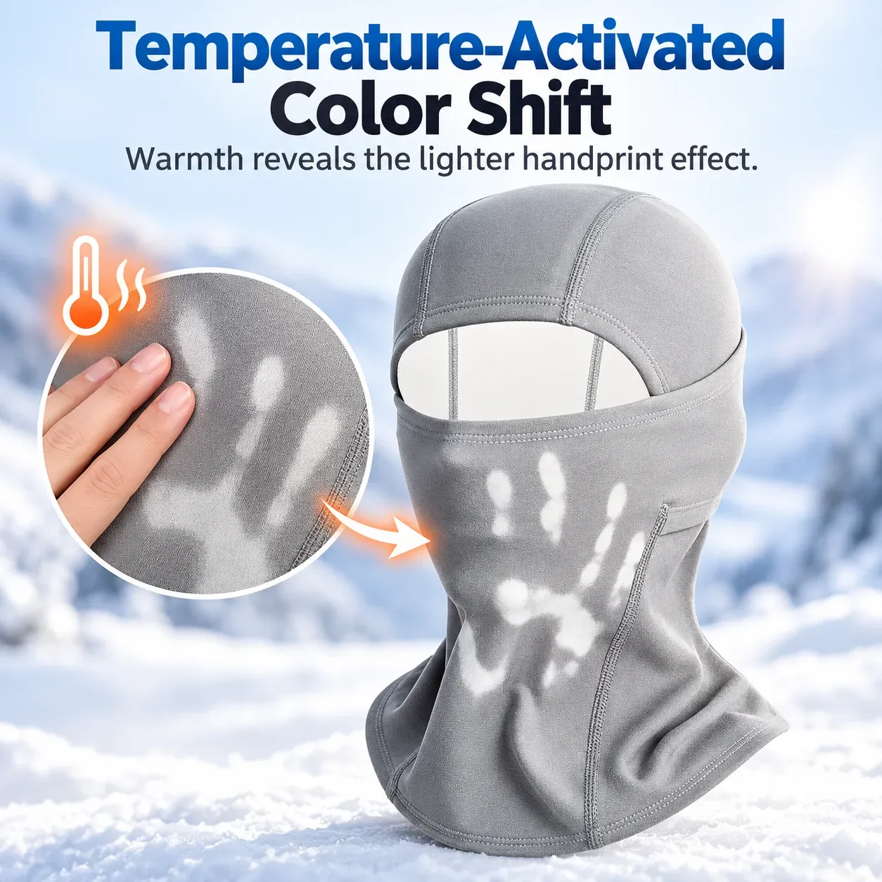 Warm hand contact revealing a lighter mark on gray balaclava fabric