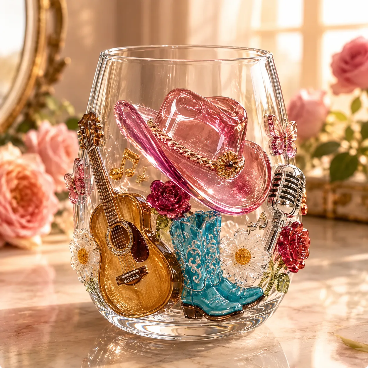 Pink Cowgirl raised Western glass