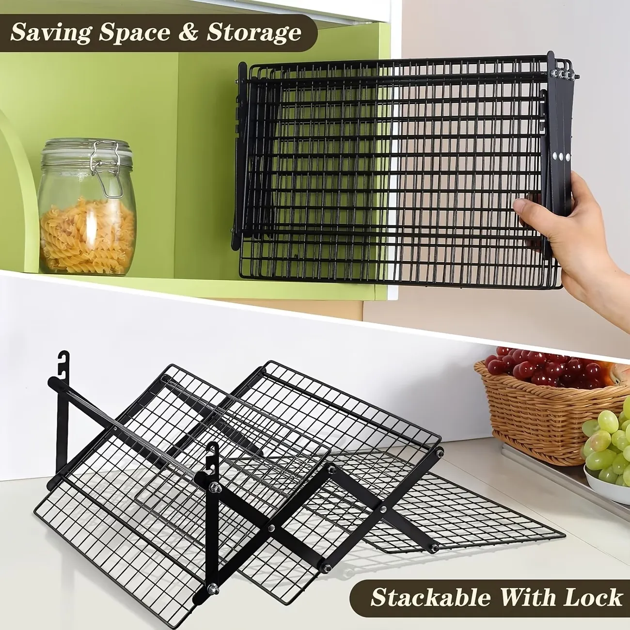 Black three-tier cooling rack folded flat for cabinet storage