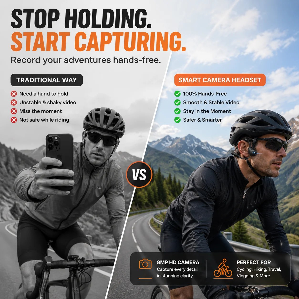 Hands-free point of view camera headset recording outdoor activities