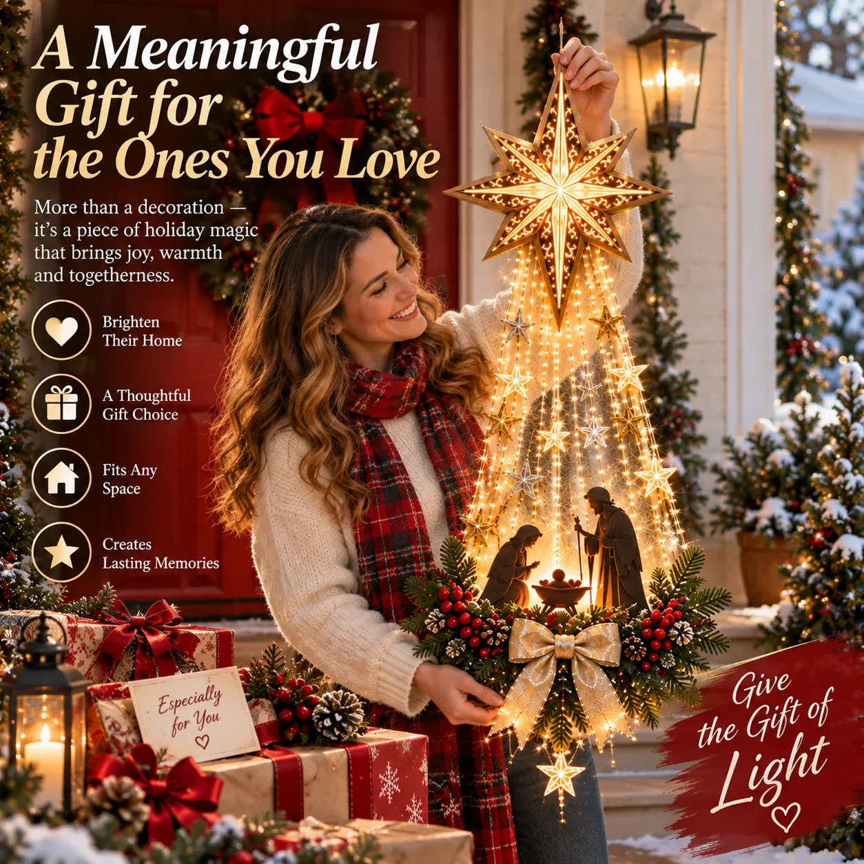 Woman holding Bethlehem Star Christmas wall light