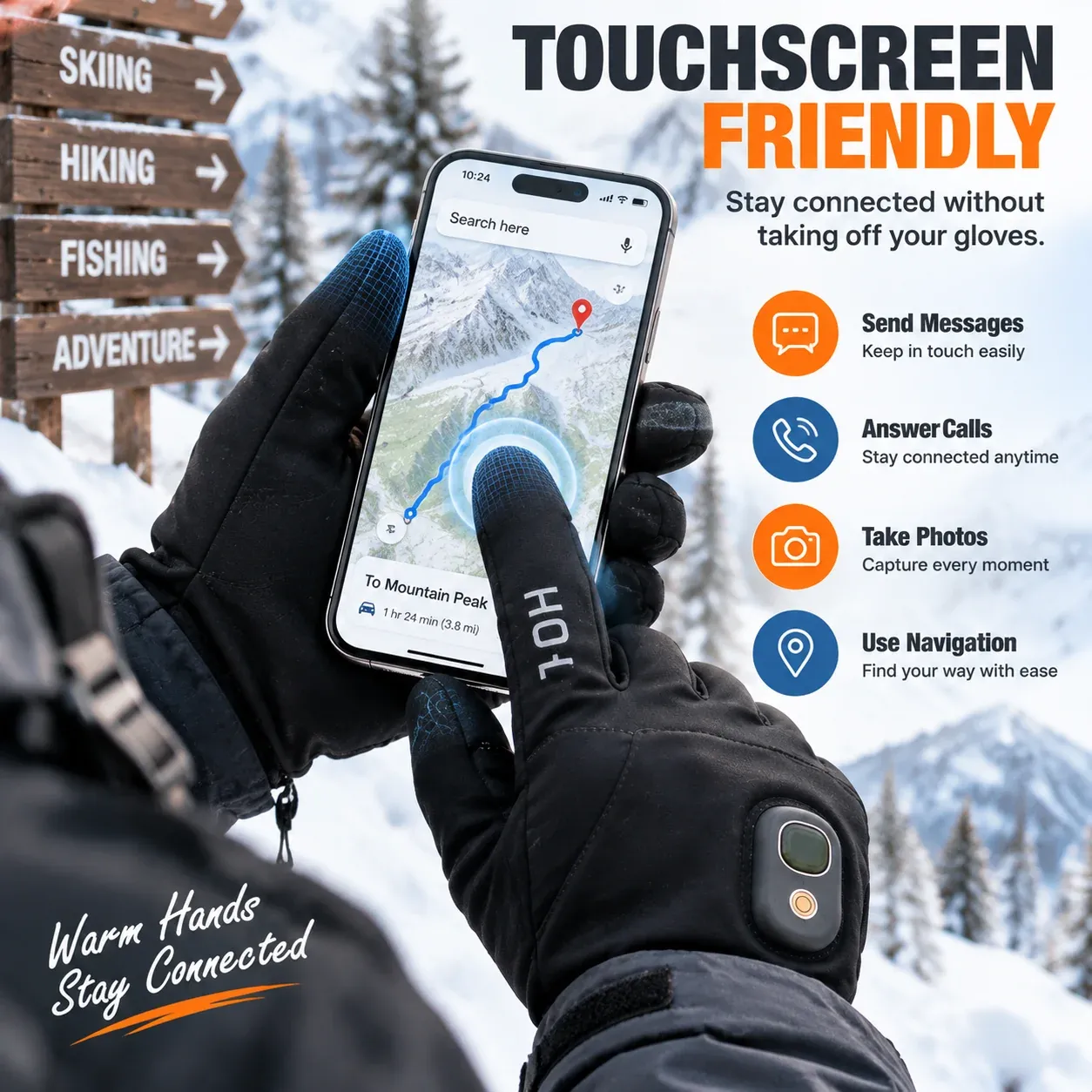 Touchscreen compatible heated winter gloves