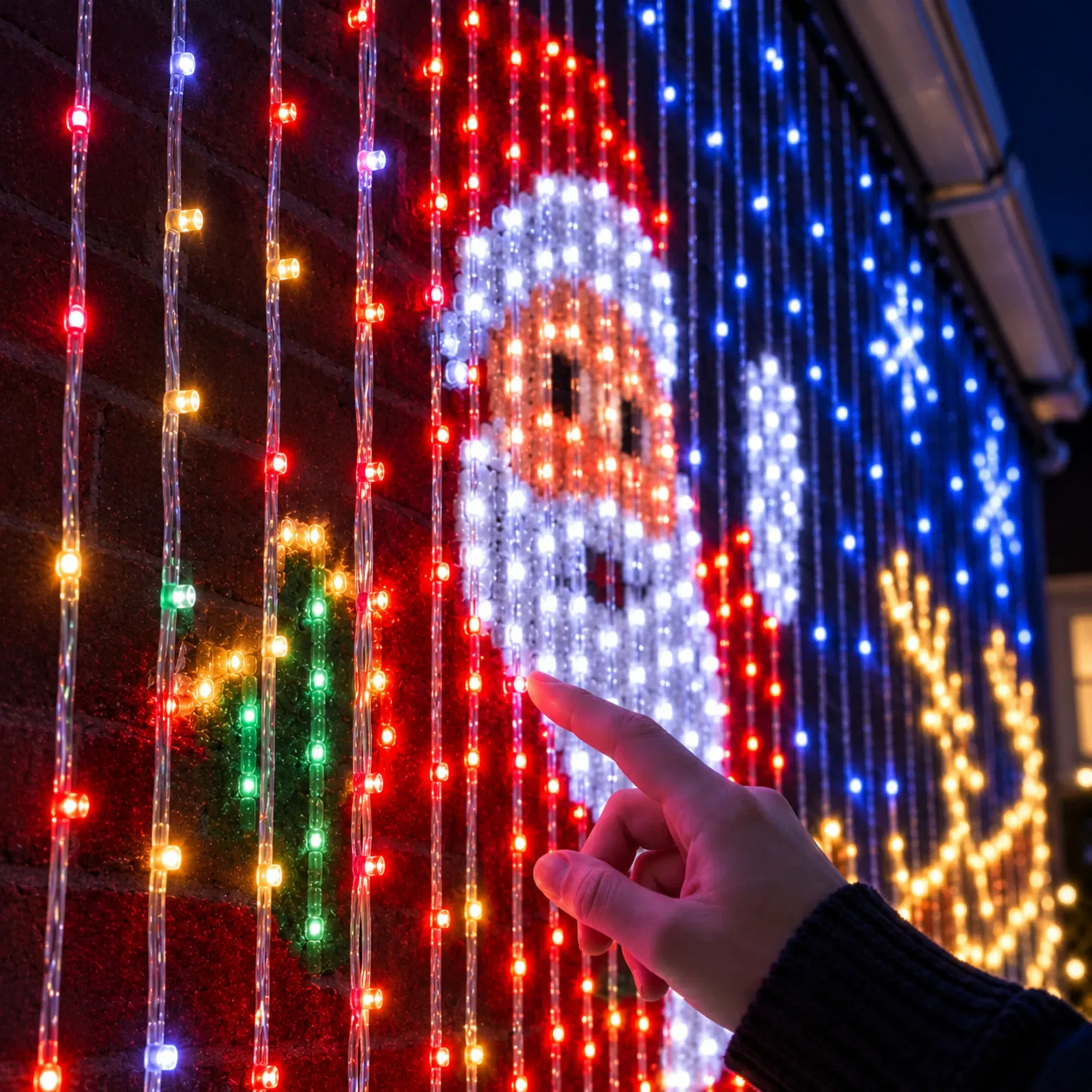 Close view of individual LED strands forming a colorful Santa scene