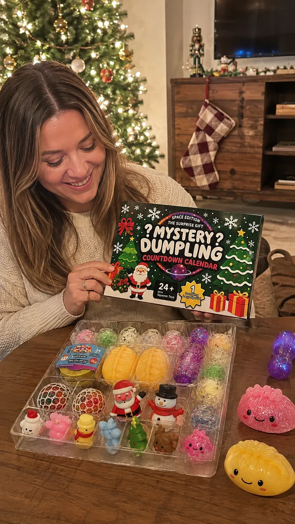 Customer-style vertical photo of woman displaying the Christmas squeeze toy countdown set