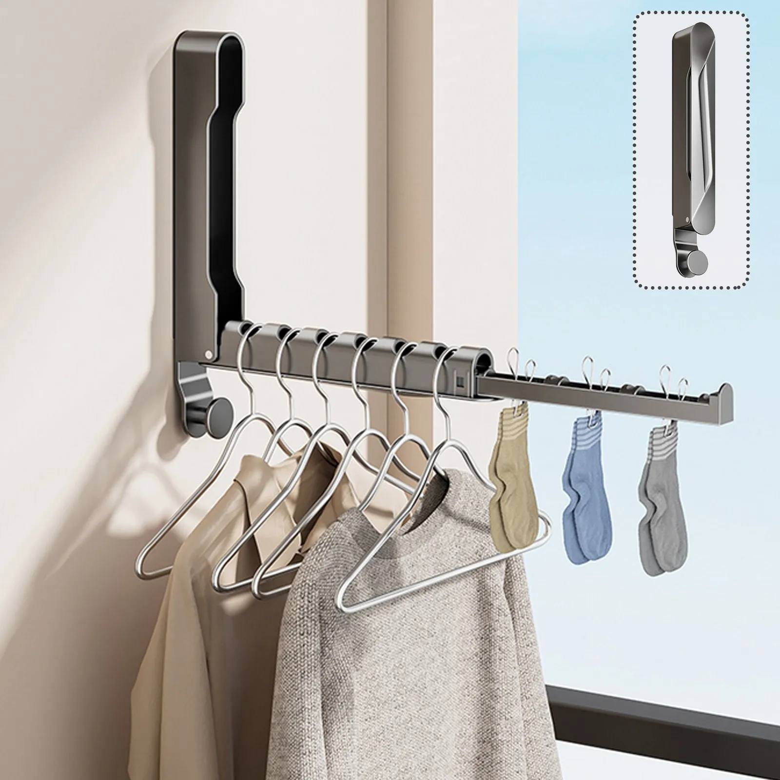 Gunmetal foldable rack holding clothing and socks