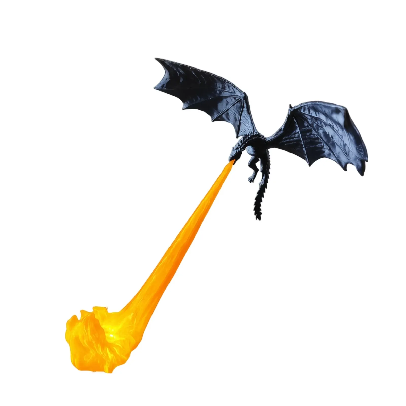 Black flying dragon with a complete illuminated flame stream