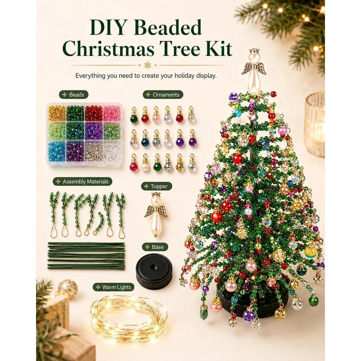 Beads, charms, assembly materials, topper, base and lights for the DIY tree kit