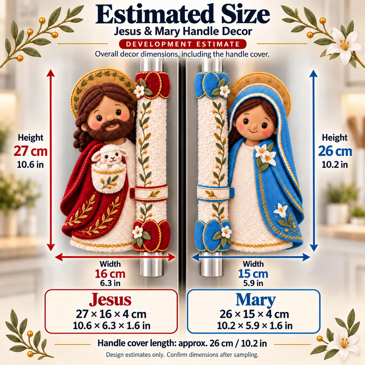 Size illustration: Jesus 27 × 16 × 4 cm, Mary 26 × 15 × 4 cm; handle cover approximately 26 cm long