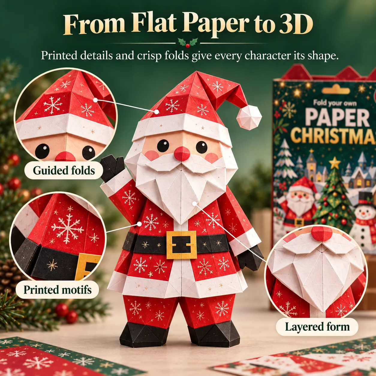 Flat patterned paper folding into a layered standing Santa figure