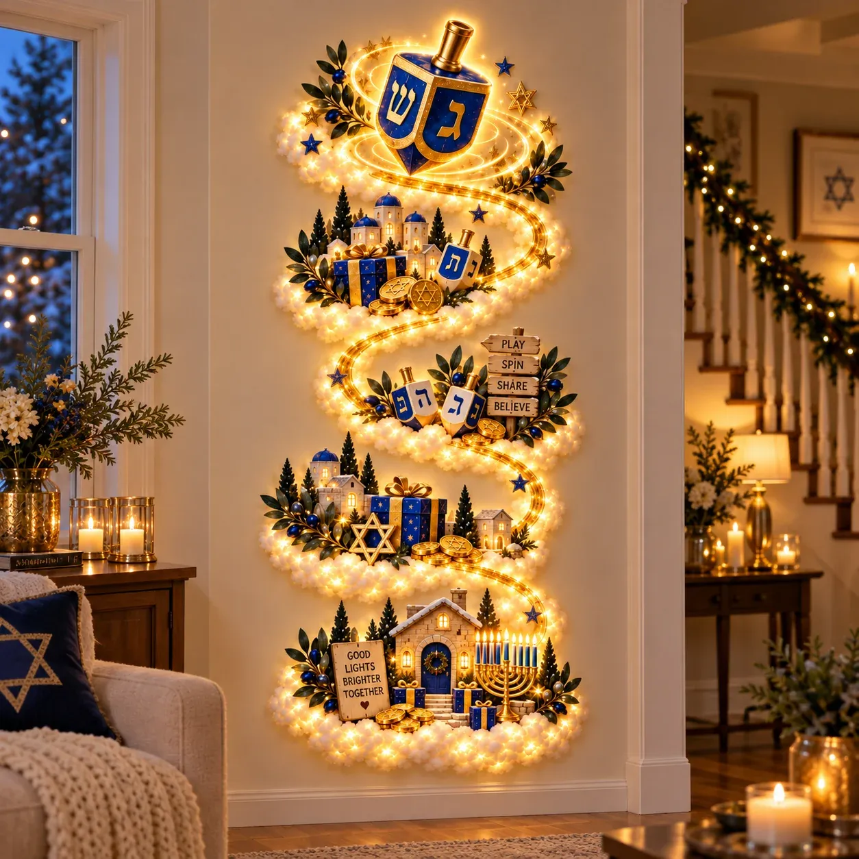 Hanukkah dreidel festival wall decor with gifts and menorah