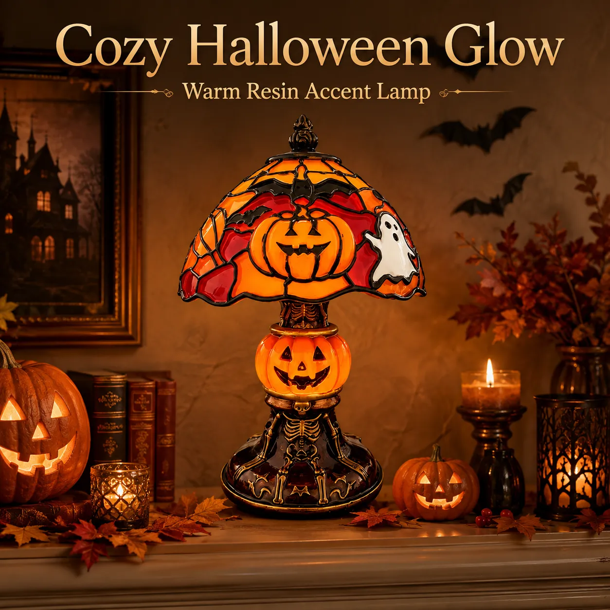Pumpkin and ghost table lamp glowing in a cozy Halloween room