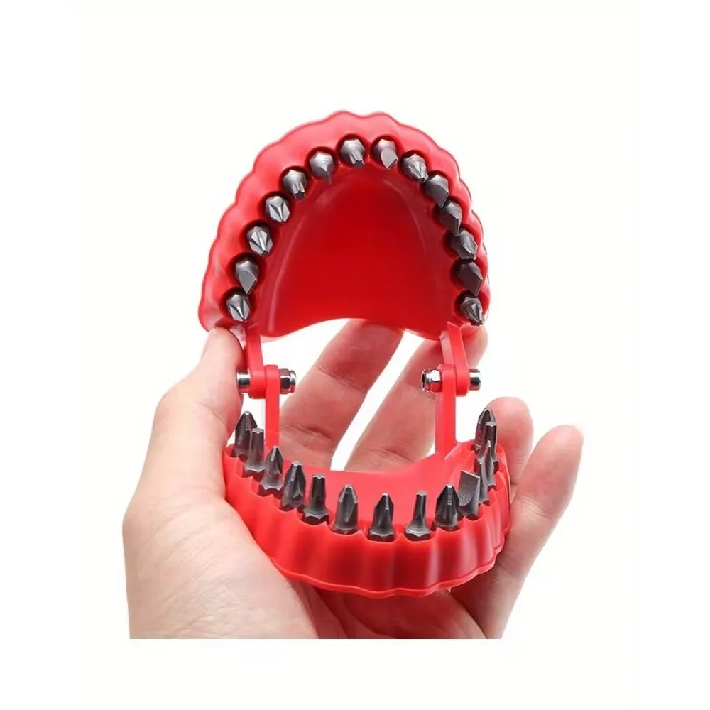 Compact red bit organizer held in one hand