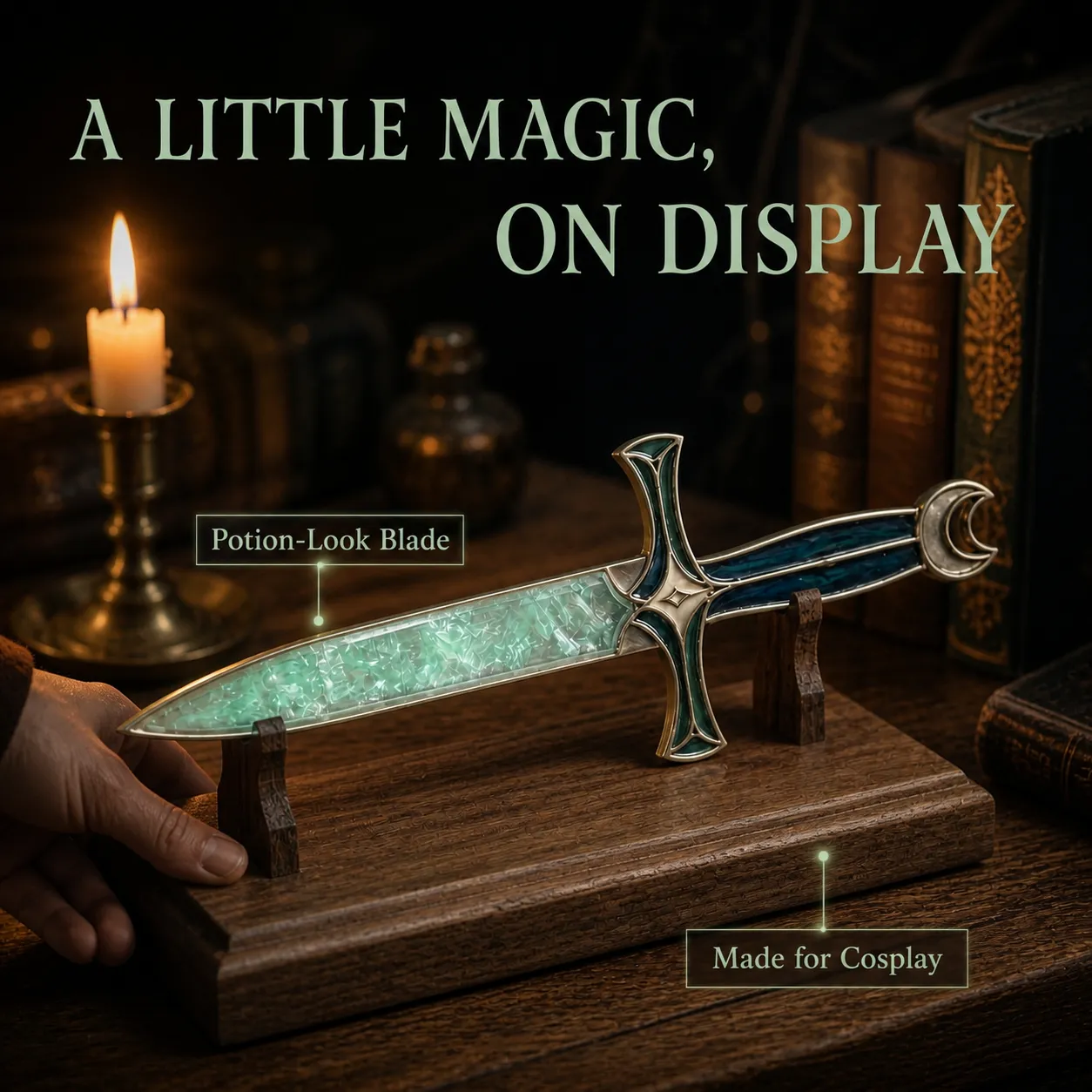 Mystic Green potion dagger presented as fantasy collector decor
