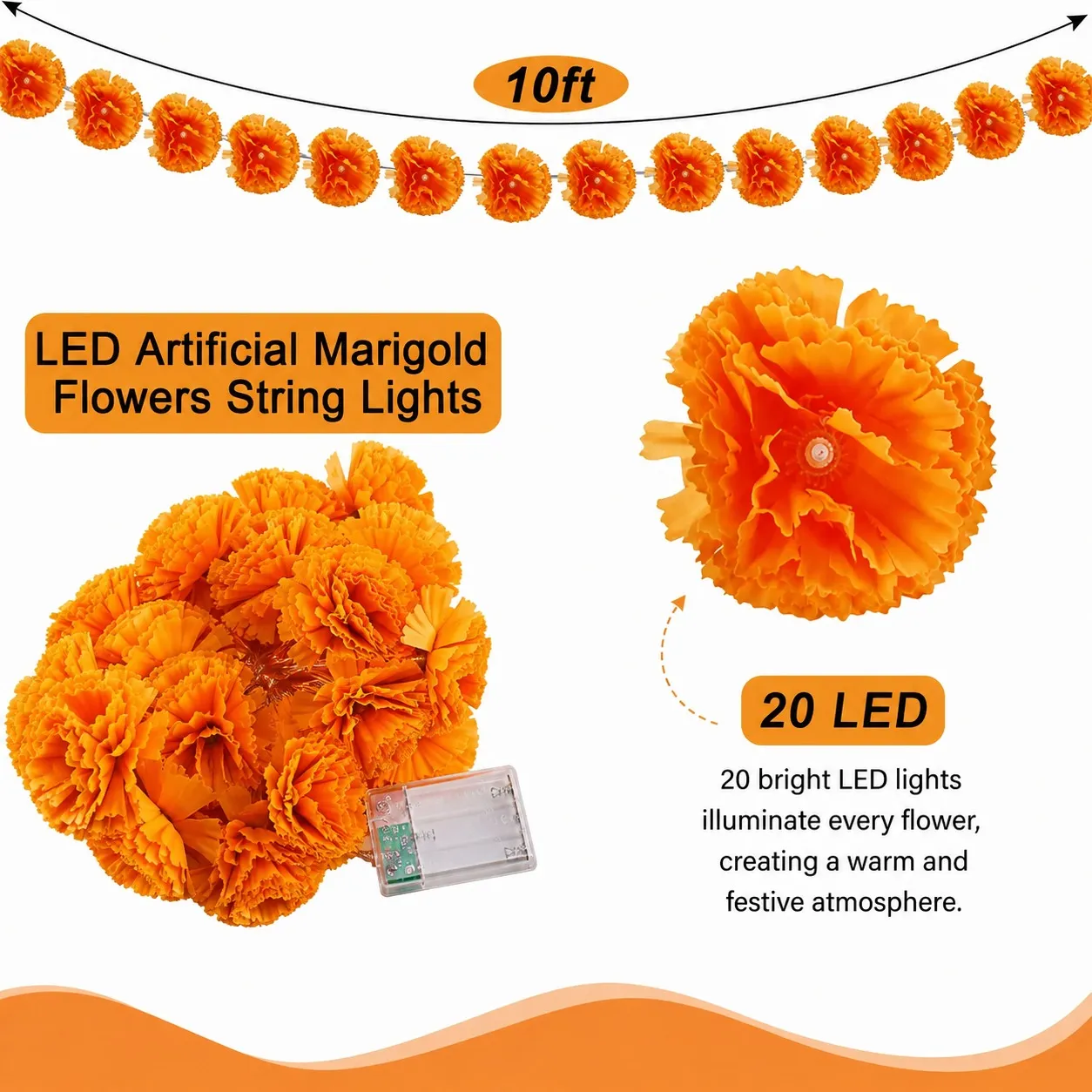 Ten-foot marigold flower light strand with 20 LEDs and battery box