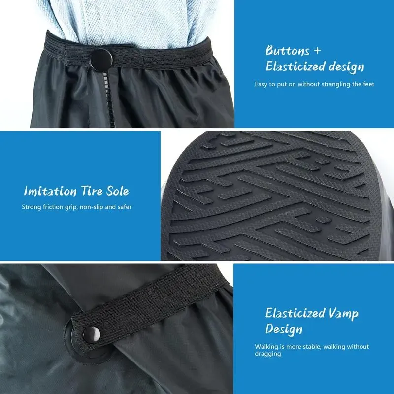 Adjustable rain shoe cover fastenings and textured outsole