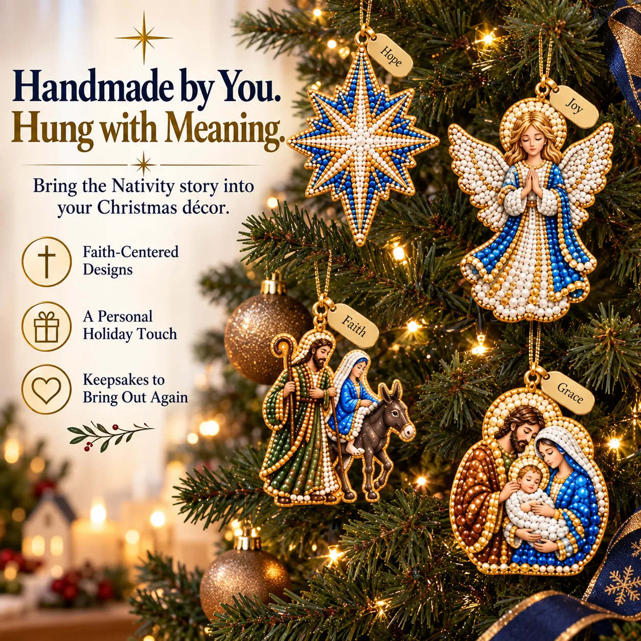 Finished Nativity ornaments displayed among evergreen branches and Christmas tree lights