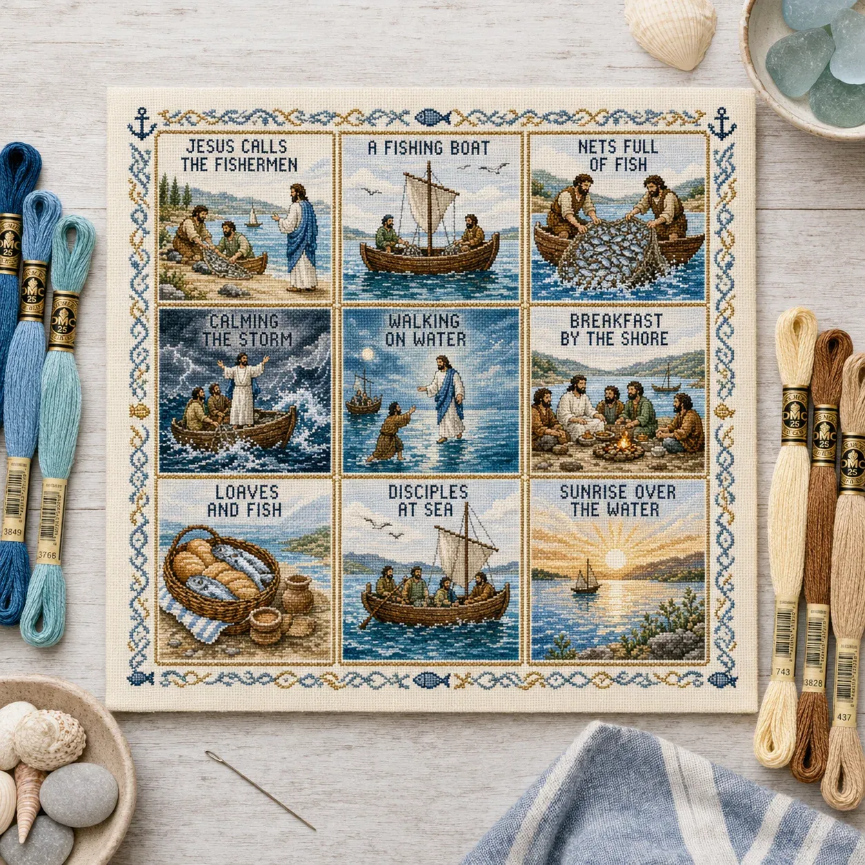 Jesus and the fishermen Sea of Galilee cross stitch