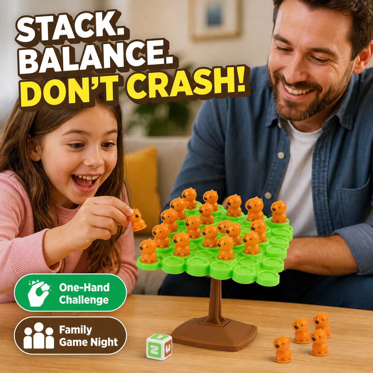 Parent and child playing the capybara balancing challenge