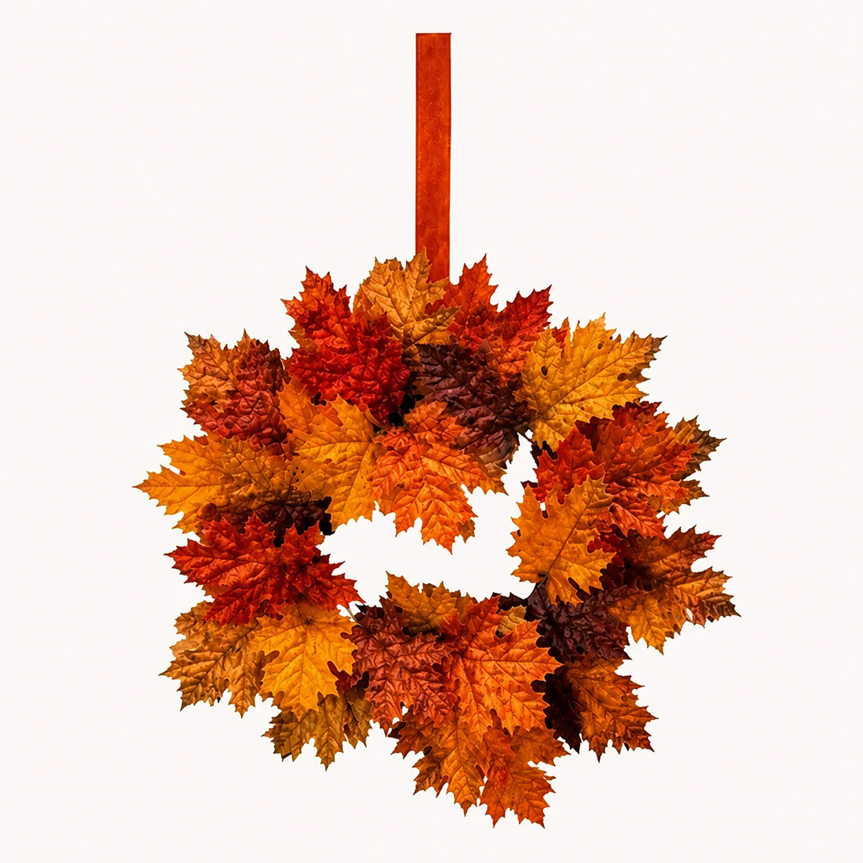 Single mini fall maple leaf wreath with orange hanging ribbon