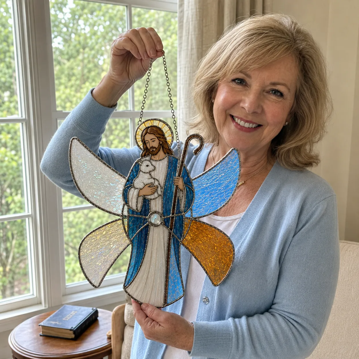 Customer holding her completed Good Shepherd suncatcher