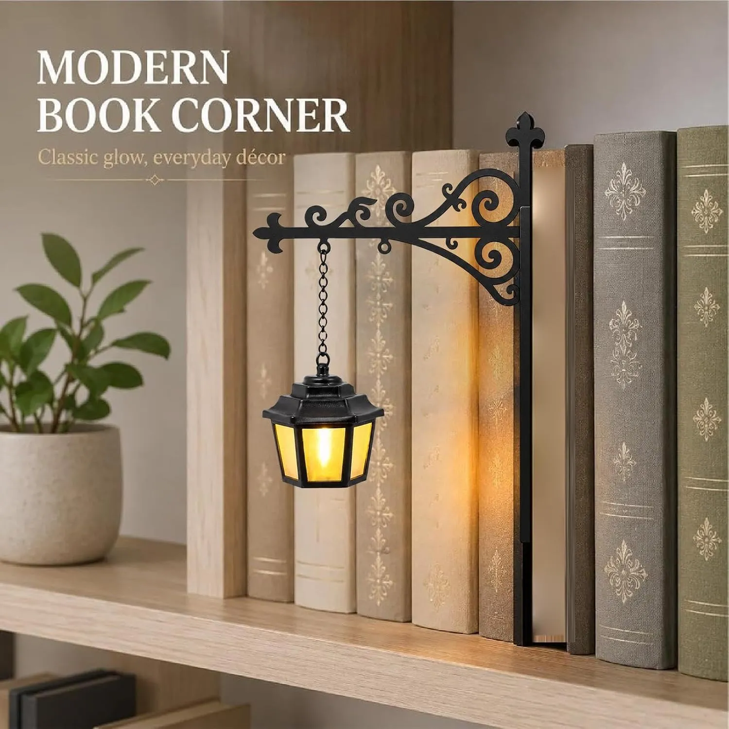 Library Lantern adding a warm accent to a modern bookshelf