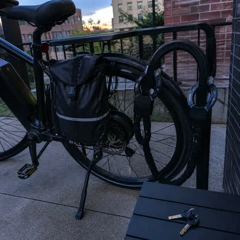 E-bike secured on a condo patio