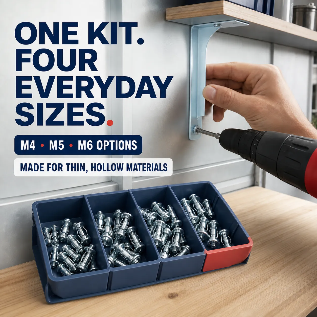 Four-size jack nut kit used to mount a shelf bracket on thin metal