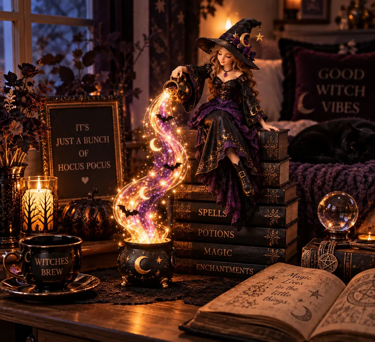 Witch cascade styled with books and an open book in a reading nook