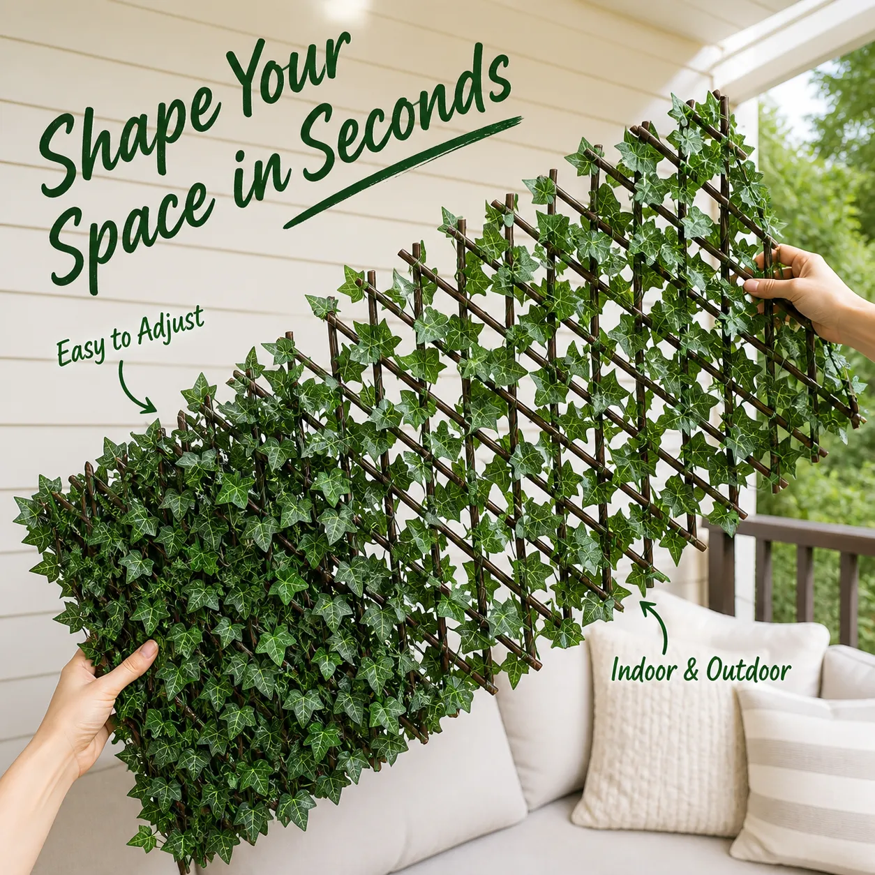 Hands expanding the faux ivy fence across a patio