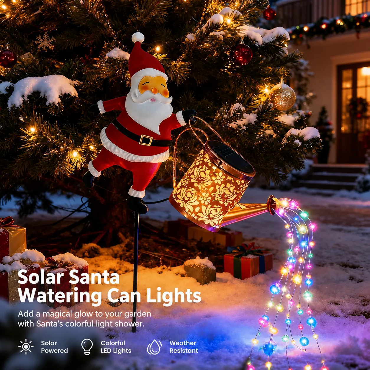 Multicolor Santa solar watering can light in a snowy Christmas yard