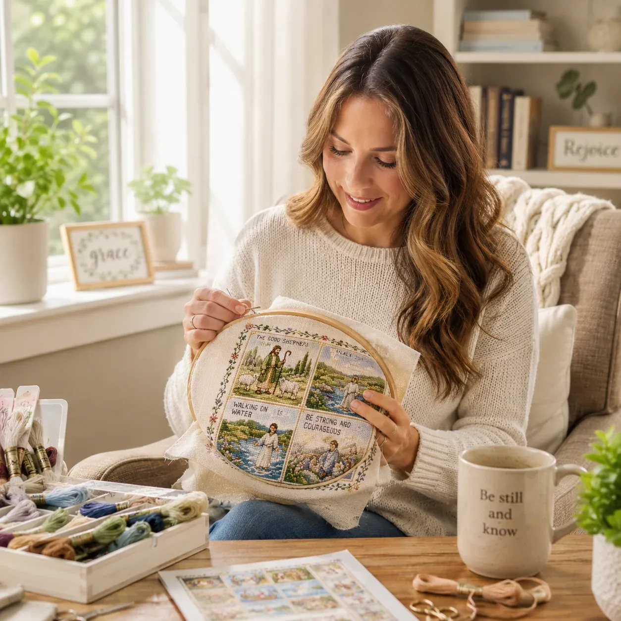 Christian woman enjoying cross stitch during a quiet moment