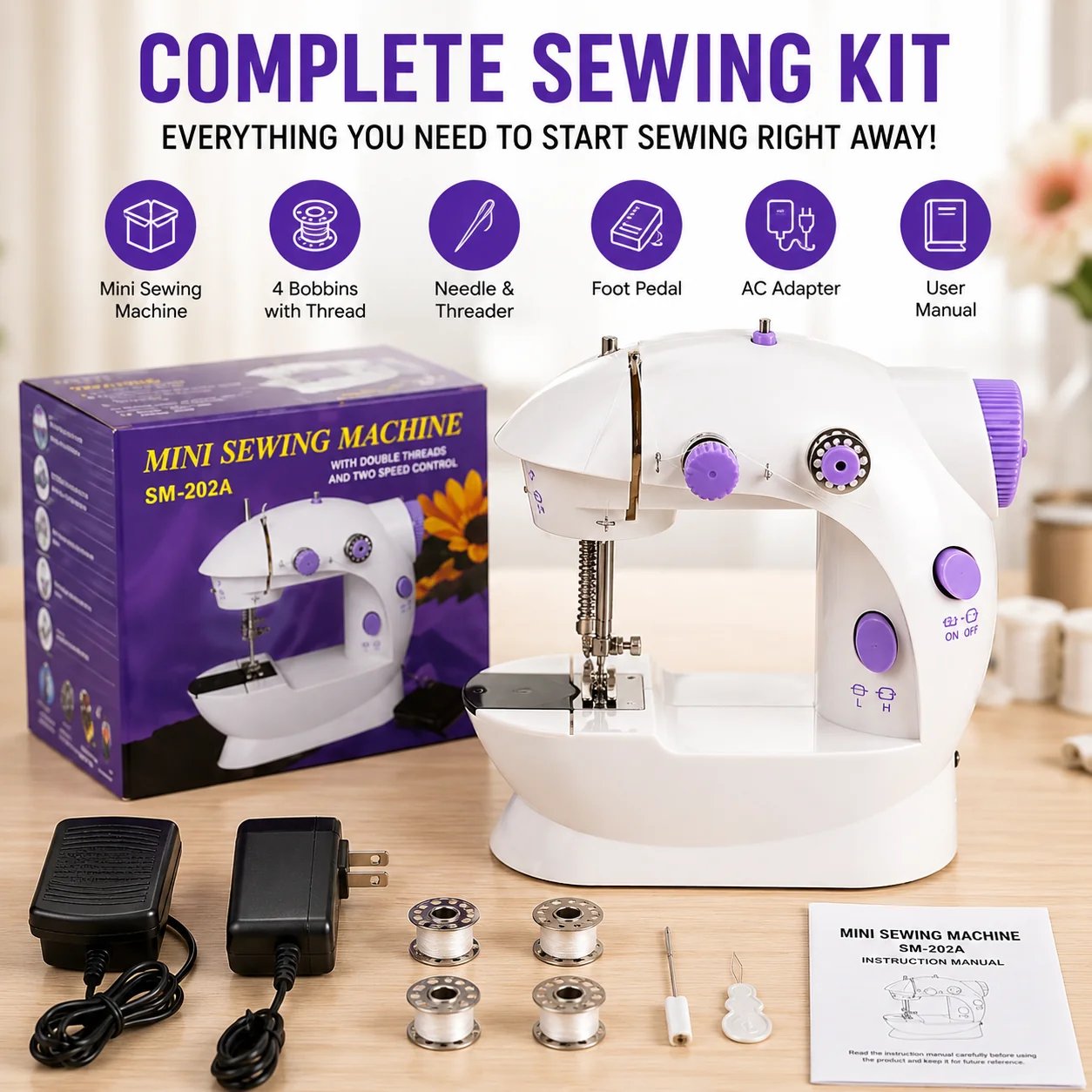 Complete mini sewing machine starter kit with machine foot pedal adapter bobbins needle threader and manual