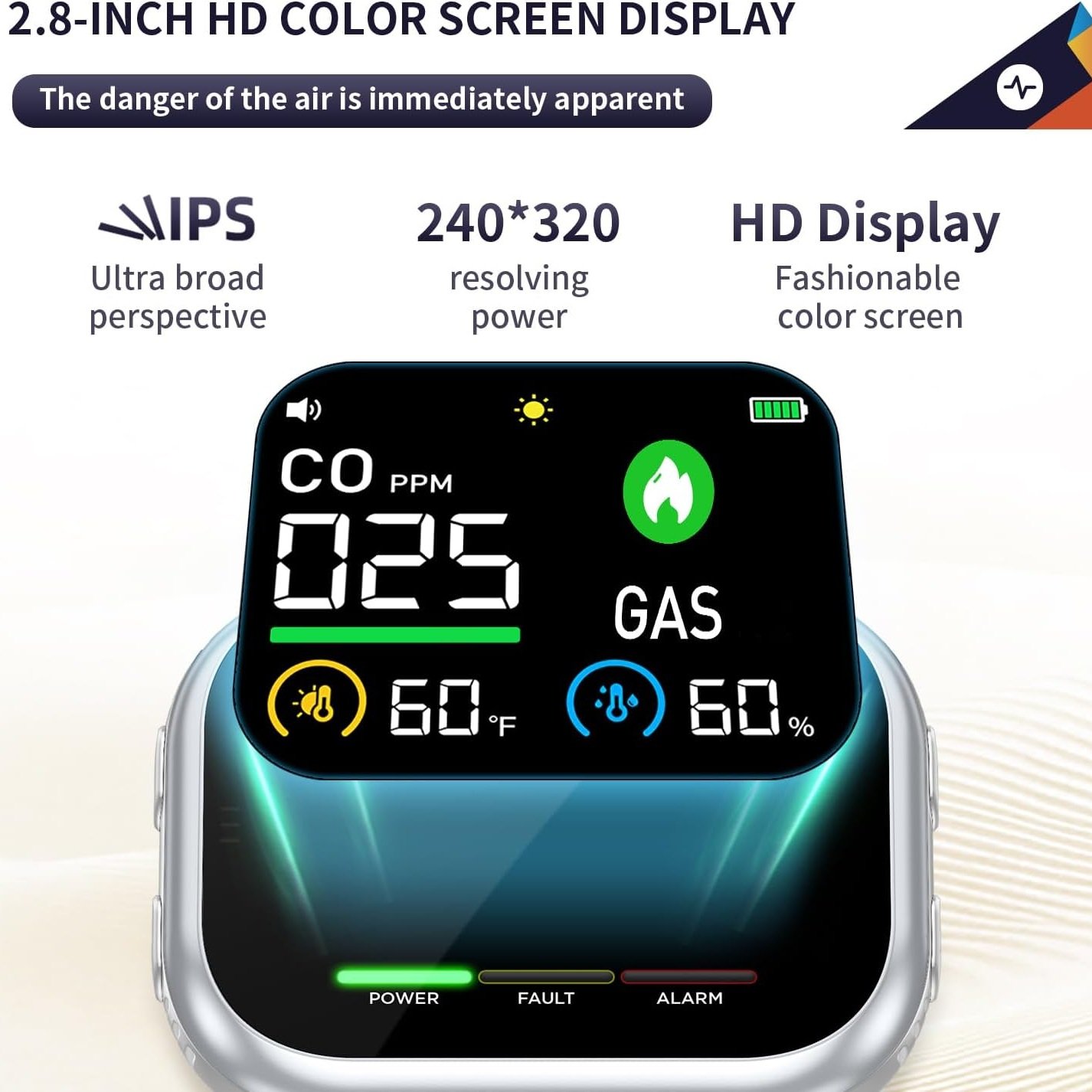 Color display and status indicators on the safety monitor