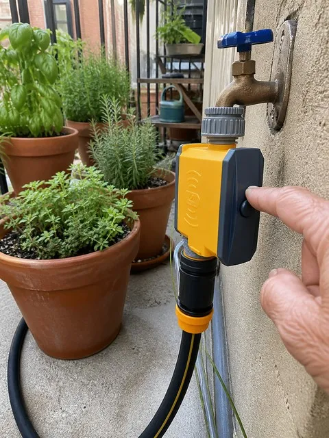 Using the manual button beside patio herb pots