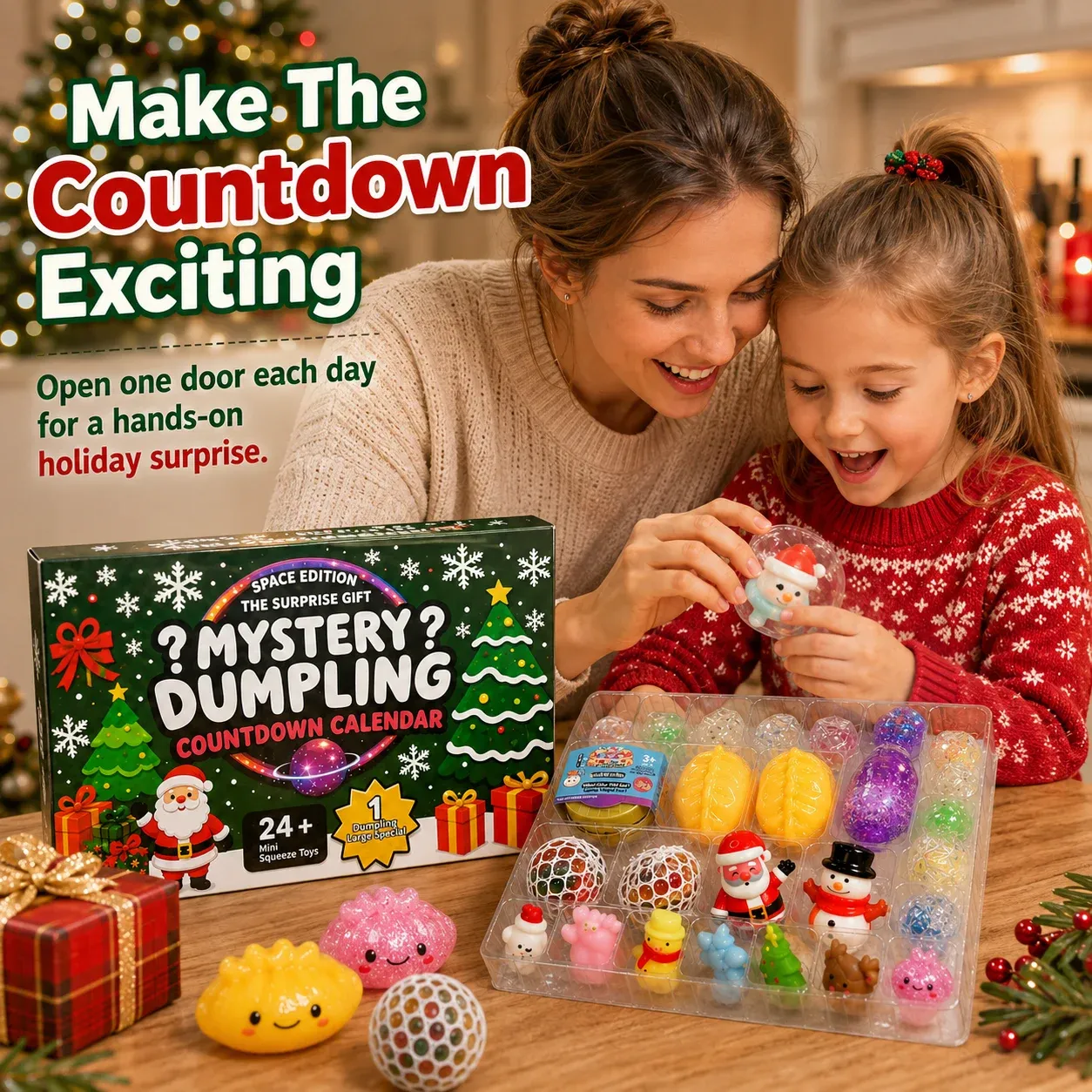 Family enjoying a Christmas mystery squeeze toy countdown calendar