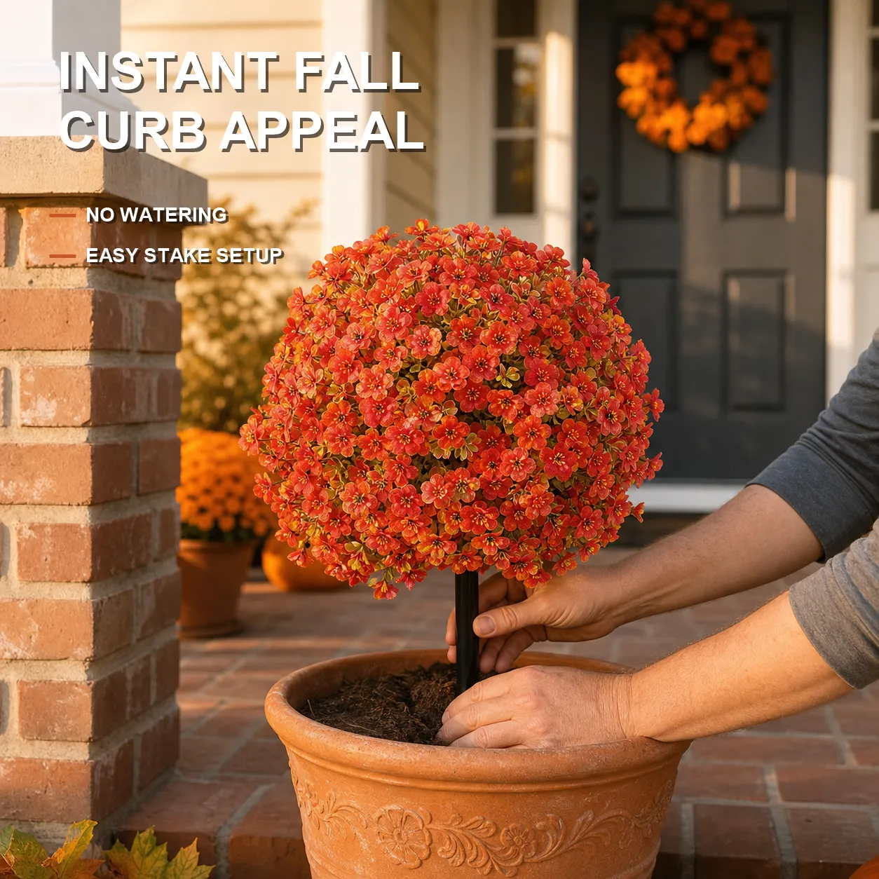 Artificial flower topiary being installed in a porch planter with benefit text