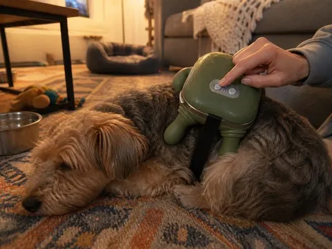Terrier during an evening pet massage routine