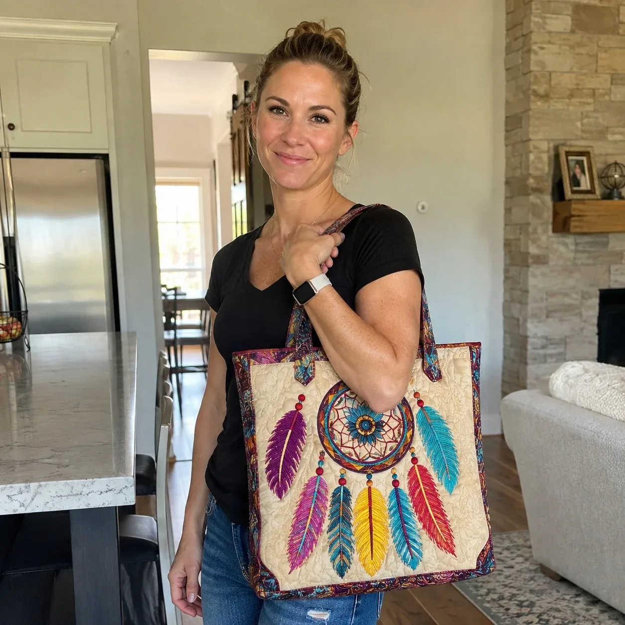Customer photo showing colorful quilted tote details