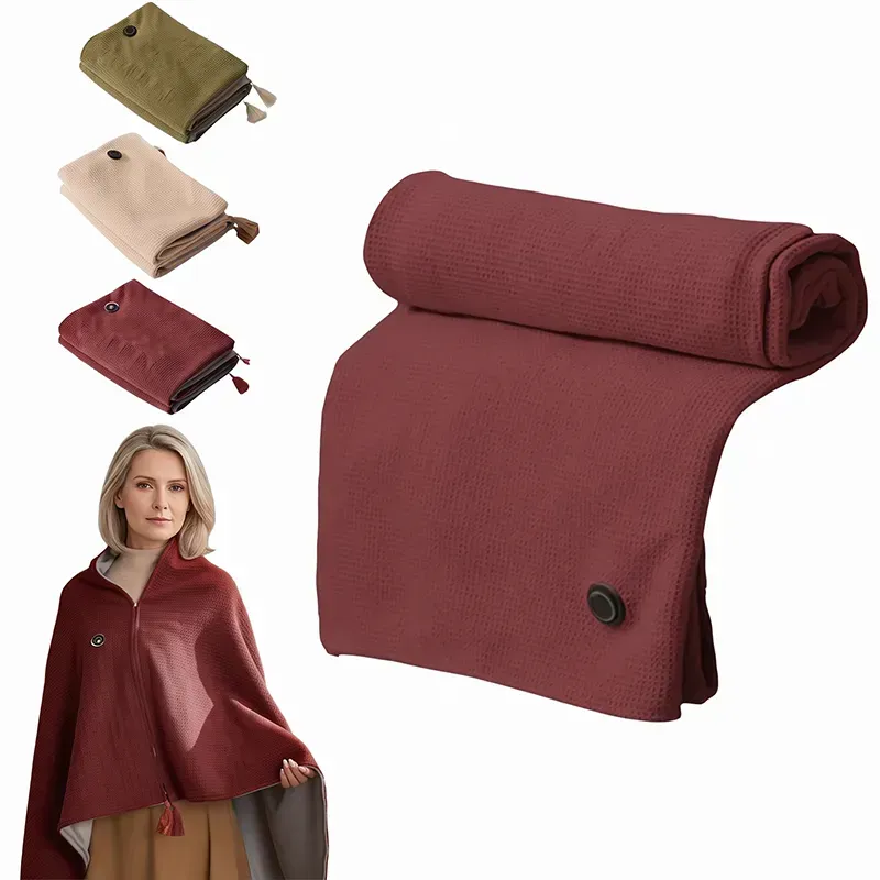 Wine Red heated shawl shown folded and worn