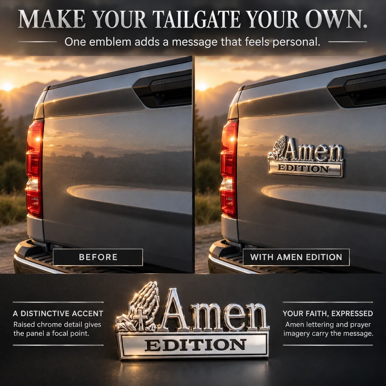 Illustrated comparison of a tailgate without the emblem and the same style of panel with Amen Edition attached